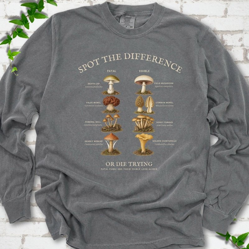 Pepper Comfort Colors® 6014 long sleeve T-shirt flat lay with the Fatal Fungi mushroom spot-the-difference design