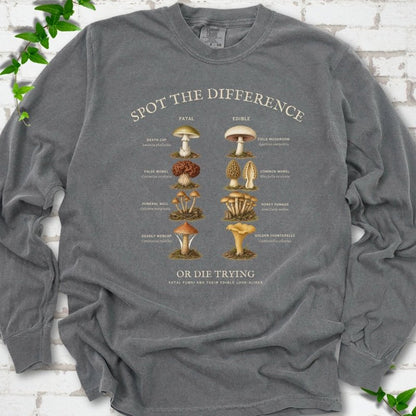 Pepper Comfort Colors® 6014 long sleeve T-shirt flat lay with the Fatal Fungi mushroom spot-the-difference design