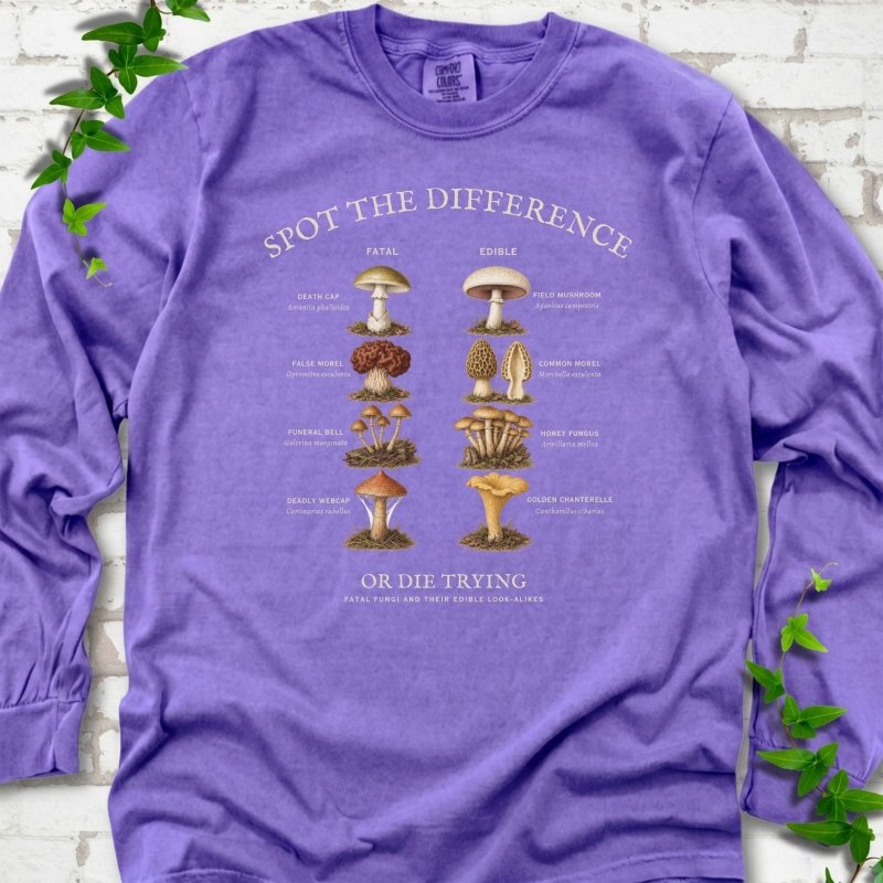 Violet Comfort Colors® 6014 long sleeve T-shirt flat lay with the Fatal Fungi mushroom spot-the-difference design