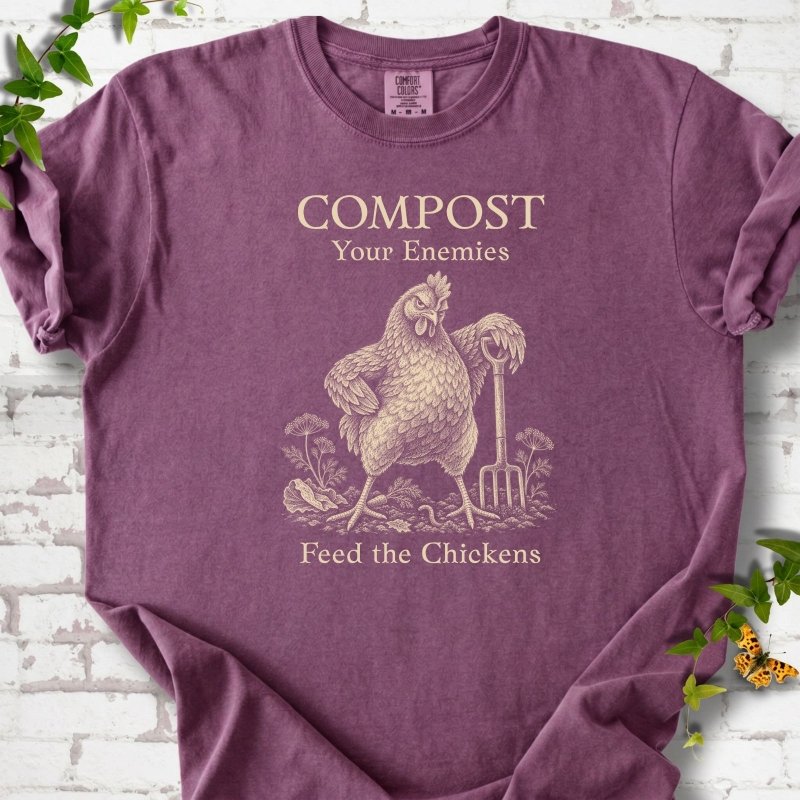 Berry Comfort Colors® T-shirt with cream Compost Your Enemies Feed the Chickens rooster graphic