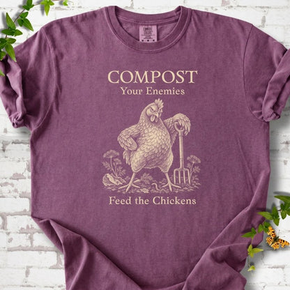 Berry Comfort Colors® T-shirt with cream Compost Your Enemies Feed the Chickens rooster graphic