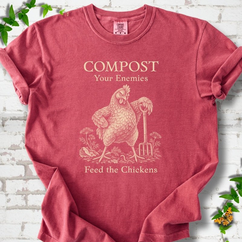 Crimson Comfort Colors® T-shirt with cream Compost Your Enemies Feed the Chickens rooster graphic