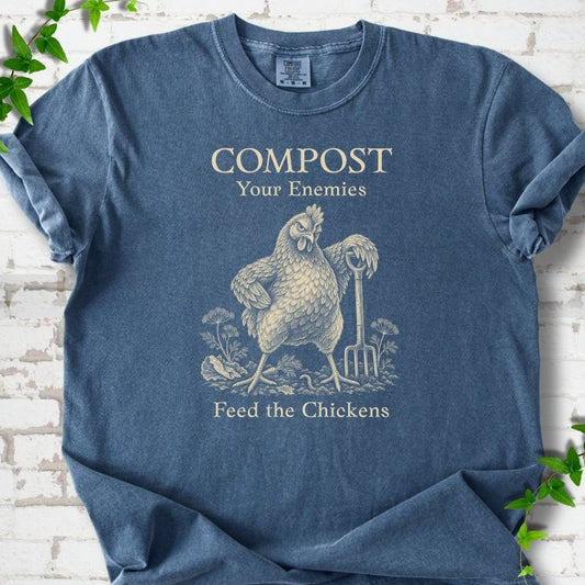 Denim Comfort Colors® T-shirt with cream Compost Your Enemies Feed the Chickens rooster graphic