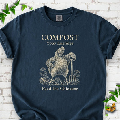 Midnight Comfort Colors® T-shirt with cream Compost Your Enemies Feed the Chickens rooster graphic