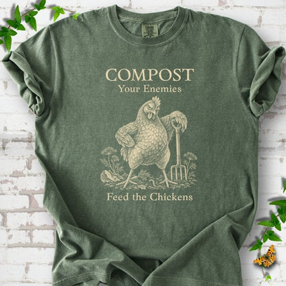 Moss Comfort Colors® T-shirt with cream Compost Your Enemies Feed the Chickens rooster graphic