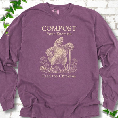 Berry Comfort Colors® long sleeve T-shirt with cream Compost Your Enemies Feed the Chickens rooster graphic