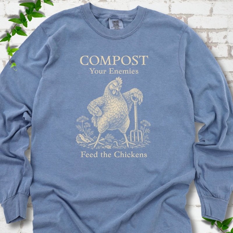 Blue Jean Comfort Colors® long sleeve T-shirt with cream Compost Your Enemies Feed the Chickens rooster graphic