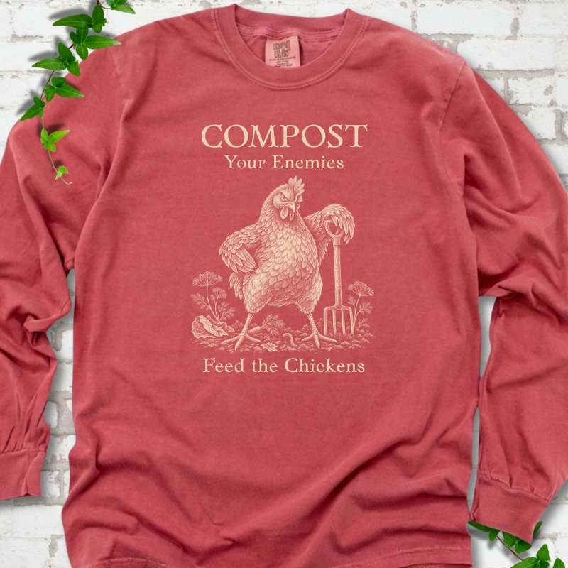 Crimson Comfort Colors® long sleeve T-shirt with cream Compost Your Enemies Feed the Chickens rooster graphic