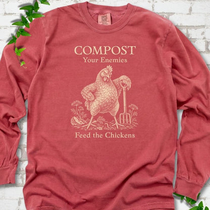 Crimson Comfort Colors® long sleeve T-shirt with cream Compost Your Enemies Feed the Chickens rooster graphic