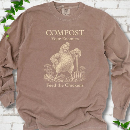 Espresso Comfort Colors® long sleeve T-shirt with cream Compost Your Enemies Feed the Chickens rooster graphic