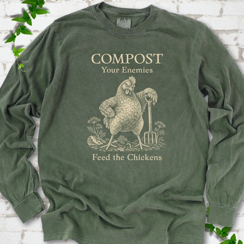 Hemp Comfort Colors® long sleeve T-shirt with cream Compost Your Enemies Feed the Chickens rooster graphic