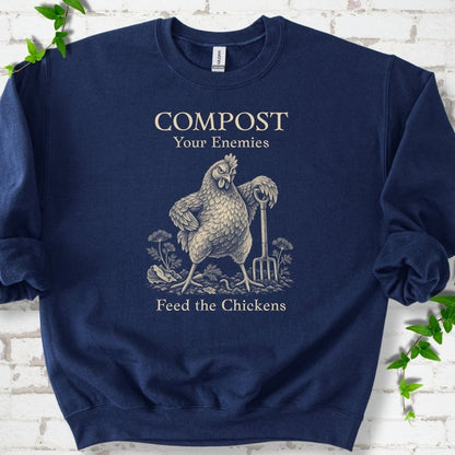 Navy classic sweatshirt with cream Compost Your Enemies Feed the Chickens rooster graphic