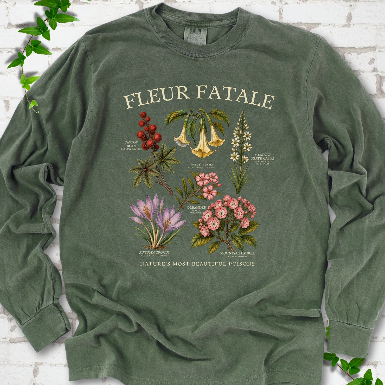 Hemp Comfort Colors® long sleeve T-shirt flat lay featuring a Fleur Fatale botanical chart of six poisonous flowering plants.