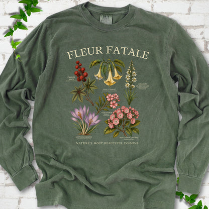 Hemp Comfort Colors® long sleeve T-shirt flat lay featuring a Fleur Fatale botanical chart of six poisonous flowering plants.