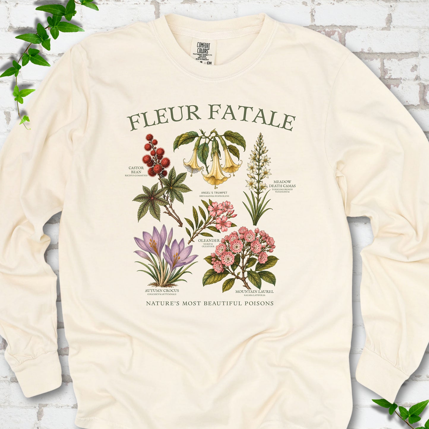 Ivory Comfort Colors® long sleeve T-shirt flat lay featuring a Fleur Fatale botanical chart of six poisonous flowering plants.
