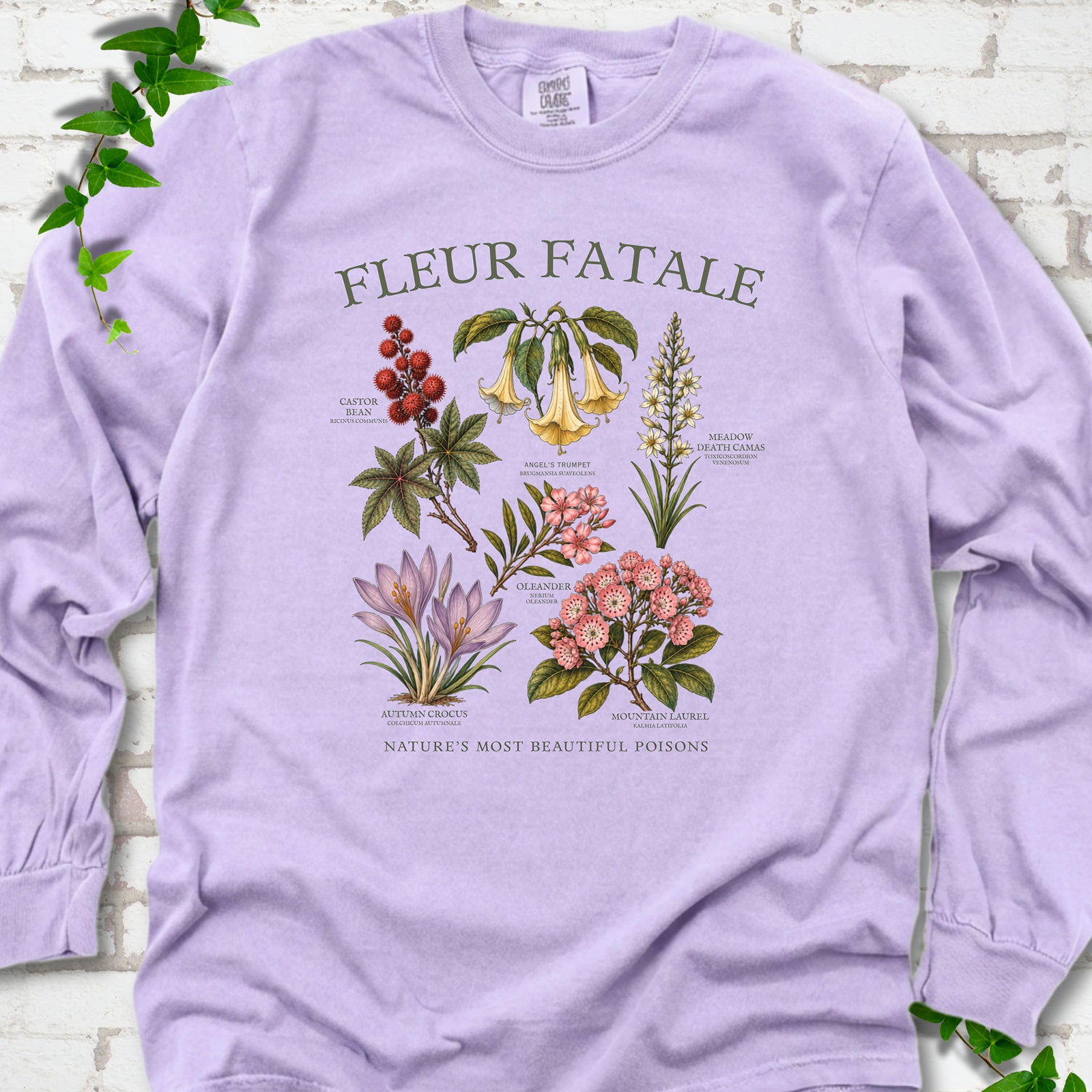 Orchid Comfort Colors® long sleeve T-shirt flat lay featuring a Fleur Fatale botanical chart of six poisonous flowering plants.