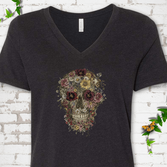 Floral Skull V-Neck T-Shirt