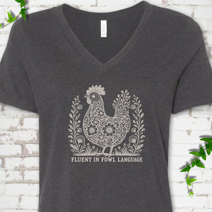 Dark Grey Heather Bella Canvas® V-neck T-shirt with cream floral hen and Fluent in Fowl Language text