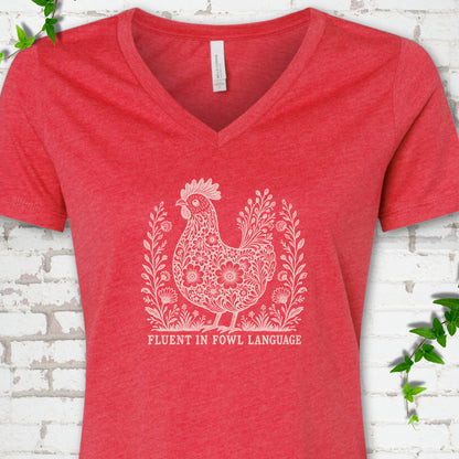 Heather Red Bella Canvas® V-neck T-shirt with cream floral hen and Fluent in Fowl Language text