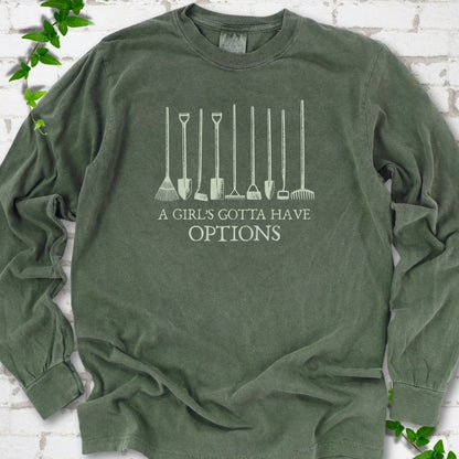 Hemp Comfort Colors® long sleeve T-shirt with A Girl's Gotta Have Options garden tools graphic
