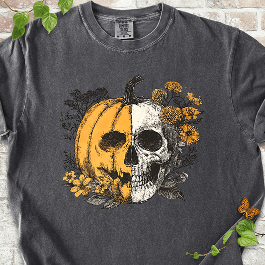 Pepper Comfort Colors Halloween T-shirt with skull and pumpkin for spooky plant lovers