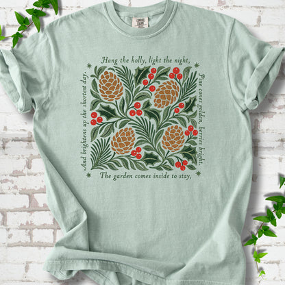 Bay Comfort Colors® T-shirt shown flat with green holly, red berries, pine cones and the "Hang the Holly" seasonal verse