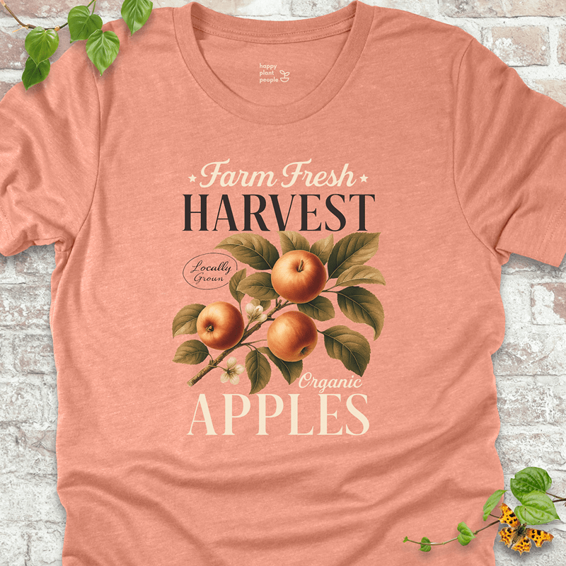 Lightweight sunset-orange tee with vintage apple illustration. Ideal for cozy fall outfits and apple picking season