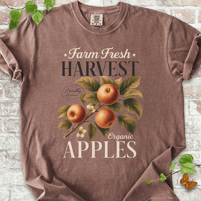 Harvest Apples T-shirt on Comfort Colors™ Espresso – shows a botanical apple branch with soft cream blossoms and fall-inspired text: “Farm Fresh Harvest Organic Apples”