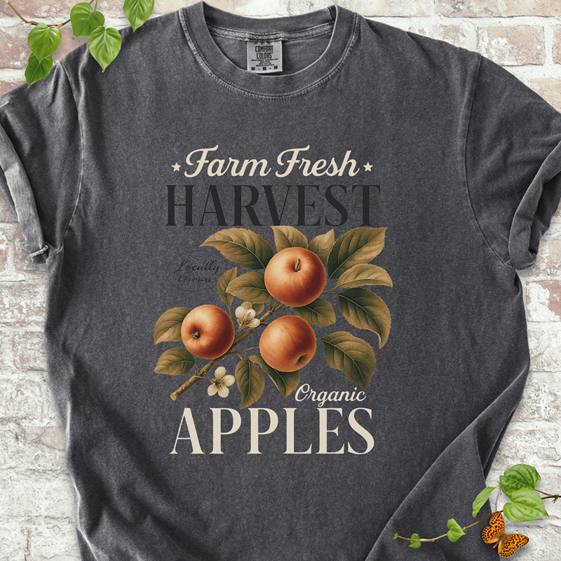 Harvest Apples T-shirt on Comfort Colors™ Pepper – features vintage-style illustrated apples on a leafy branch with soft text reading “Farm Fresh Harvest Organic Apples”