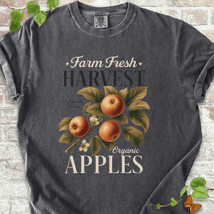 Harvest Apples T-shirt on Comfort Colors™ Pepper – features vintage-style illustrated apples on a leafy branch with soft text reading “Farm Fresh Harvest Organic Apples”