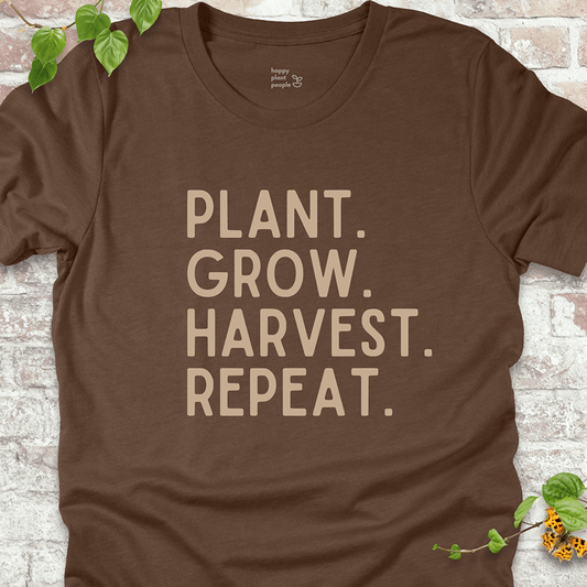 Heather Brown T-shirt with bold vegetable gardening typography