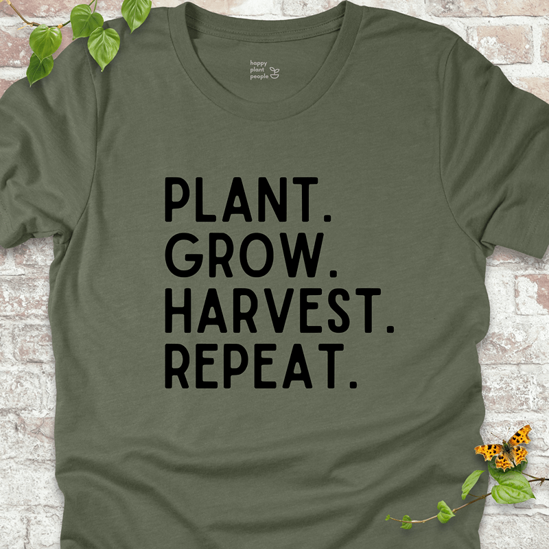 Heather Military Green T-shirt with minimalist fall gardening slogan

