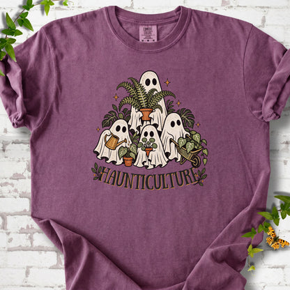 Berry Comfort Colors® T-shirt featuring four friendly gardening ghosts with houseplants and the word Haunticulture