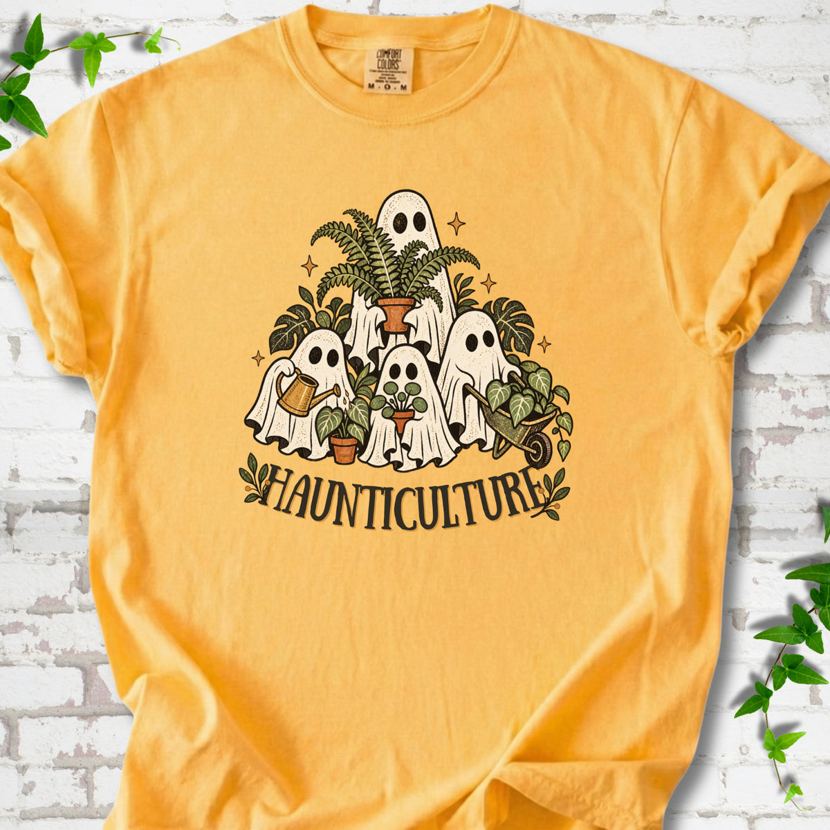 Citrus Comfort Colors® T-shirt featuring four friendly gardening ghosts with houseplants and the word Haunticulture