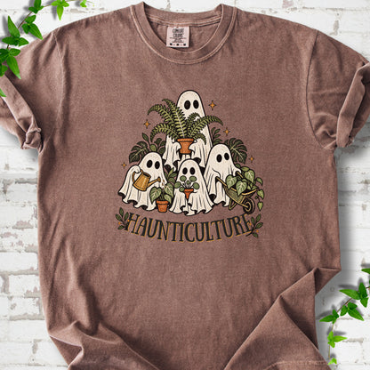 Espresso Comfort Colors® T-shirt featuring four friendly gardening ghosts with houseplants and the word Haunticulture
