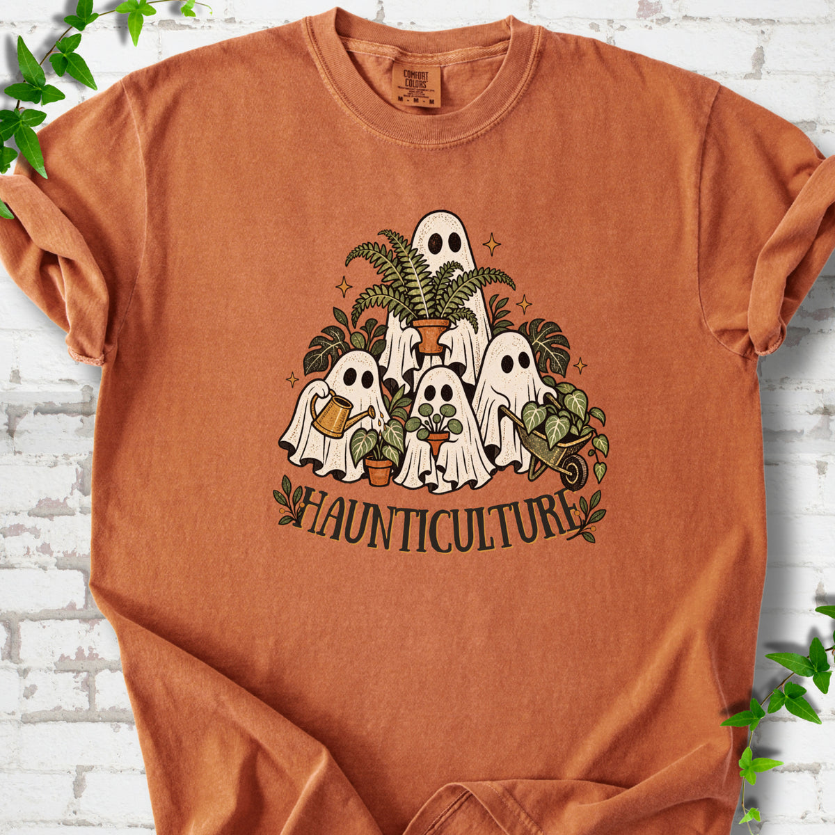 Yam Comfort Colors® T-shirt featuring four friendly gardening ghosts with houseplants and the word Haunticulture