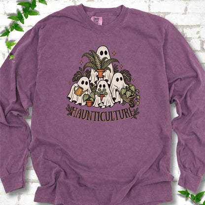 Berry Comfort Colors® long sleeve T-shirt featuring four friendly gardening ghosts with houseplants and the word Haunticulture