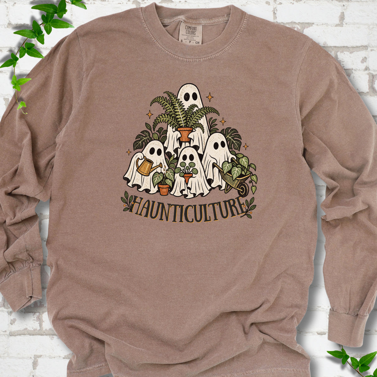 Espresso Comfort Colors® long sleeve T-shirt featuring four friendly gardening ghosts with houseplants and the word Haunticulture