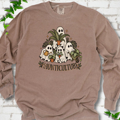 Espresso Comfort Colors® long sleeve T-shirt featuring four friendly gardening ghosts with houseplants and the word Haunticulture
