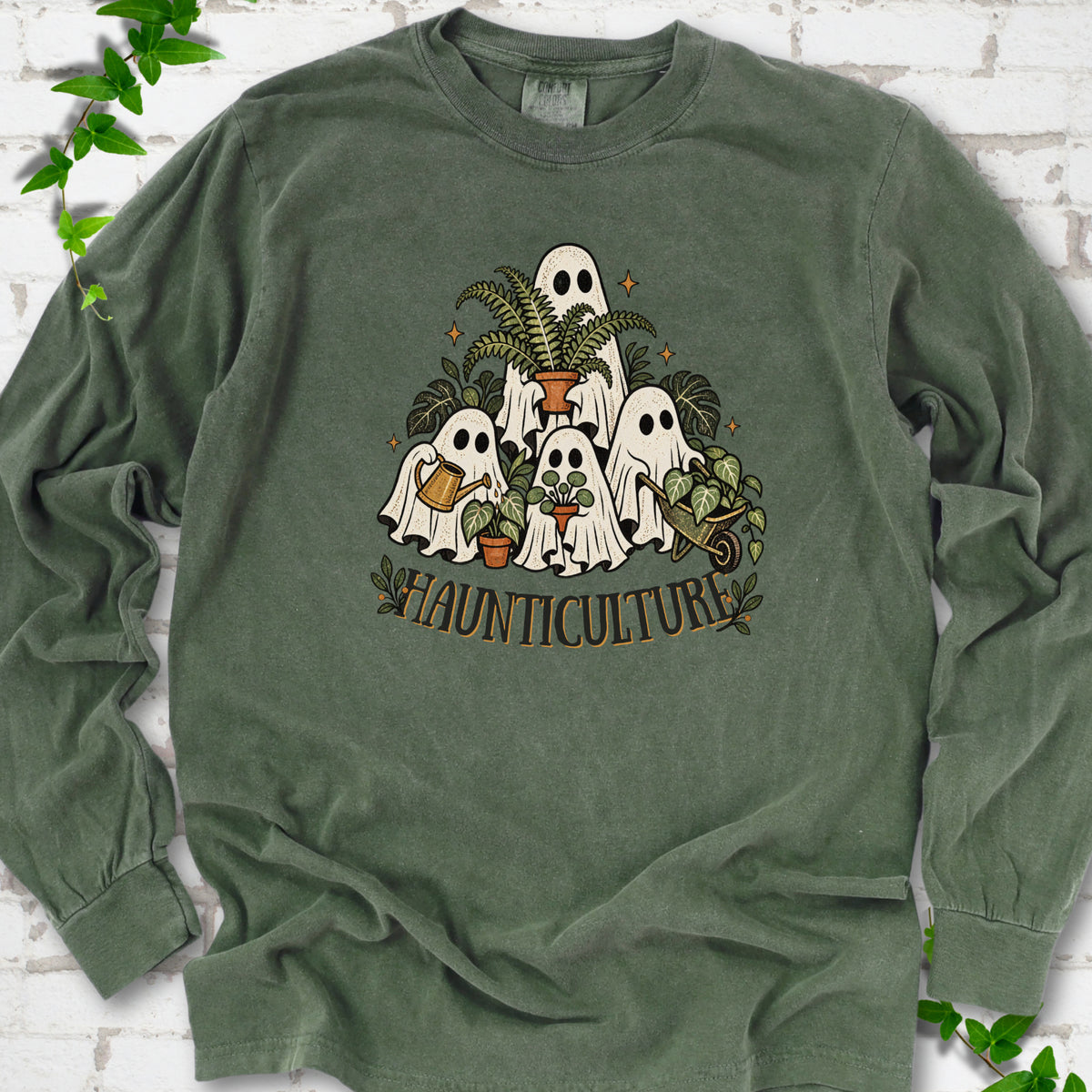 Hemp Comfort Colors® long sleeve T-shirt featuring four friendly gardening ghosts with houseplants and the word Haunticulture