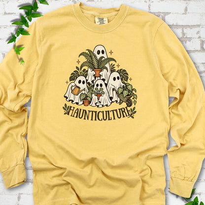 Mustard Comfort Colors® long sleeve T-shirt featuring four friendly gardening ghosts with houseplants and the word Haunticulture