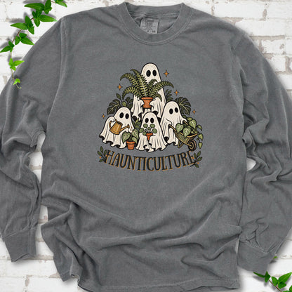 Pepper Comfort Colors® long sleeve T-shirt featuring four friendly gardening ghosts with houseplants and the word Haunticulture
