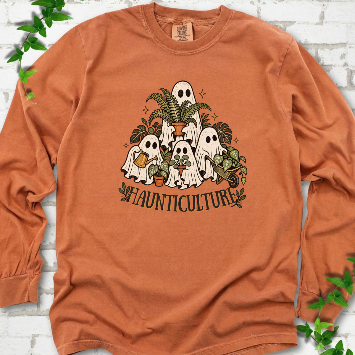 Yam Comfort Colors® long sleeve T-shirt featuring four friendly gardening ghosts with houseplants and the word Haunticulture