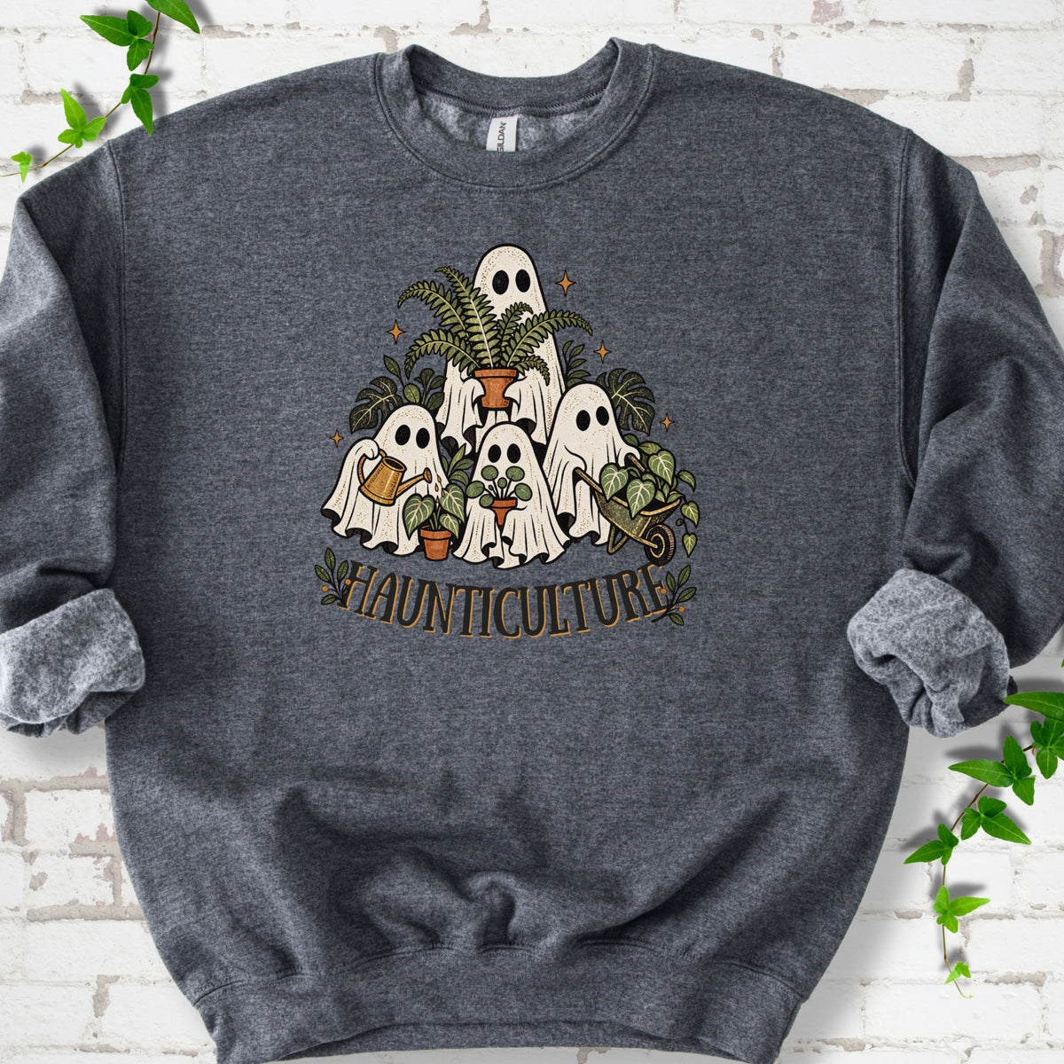 Dark Heather Gildan® 18000 crewneck sweatshirt featuring four friendly gardening ghosts with houseplants and the word Haunticulture