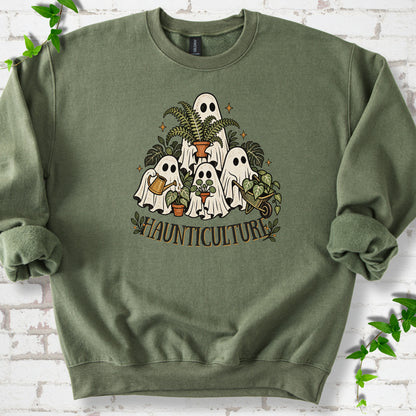 Military Green Gildan® 18000 crewneck sweatshirt featuring four friendly gardening ghosts with houseplants and the word Haunticulture
