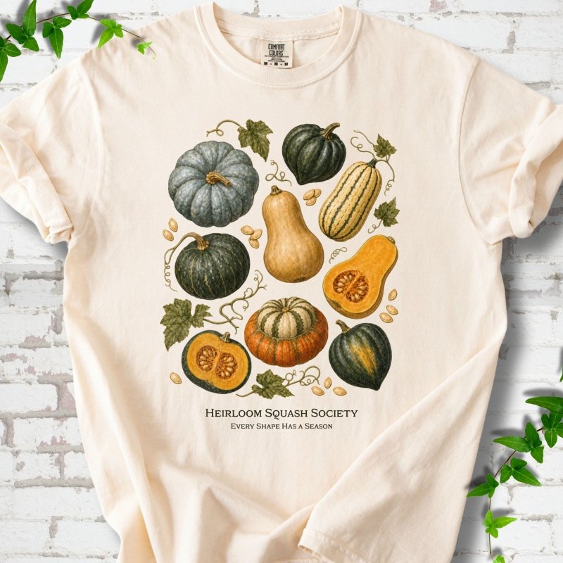 Ivory Comfort Colors® short sleeve T-shirt flat lay featuring an illustrated collection of heirloom squash, pumpkins, seeds and vines with text "Heirloom Squash Society" and "Every shape has a season"