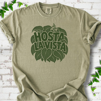 Khaki Comfort Colors® T-shirt with distressed dark green Hosta La Vista lettering surrounded by hosta leaves