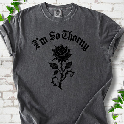 Pepper Comfort Colors® T-shirt flat lay with a distressed Gothic blackletter I'm So Thorny rose design.