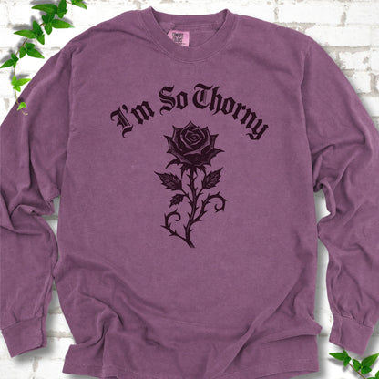 Berry Comfort Colors® long sleeve T-shirt flat lay with a distressed Gothic blackletter I'm So Thorny rose design.
