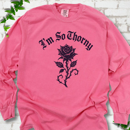 Crunchberry Comfort Colors® long sleeve T-shirt flat lay with a distressed Gothic blackletter I'm So Thorny rose design.